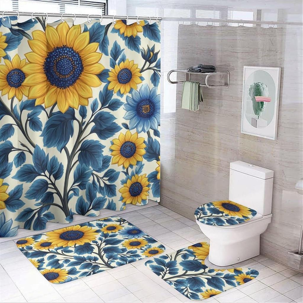 Bathroom Curtain And Rug Set, Sunflower Pattern Printed On Shower Curtain And Bath Mat Set, Designed For Farmhouse Contemporary