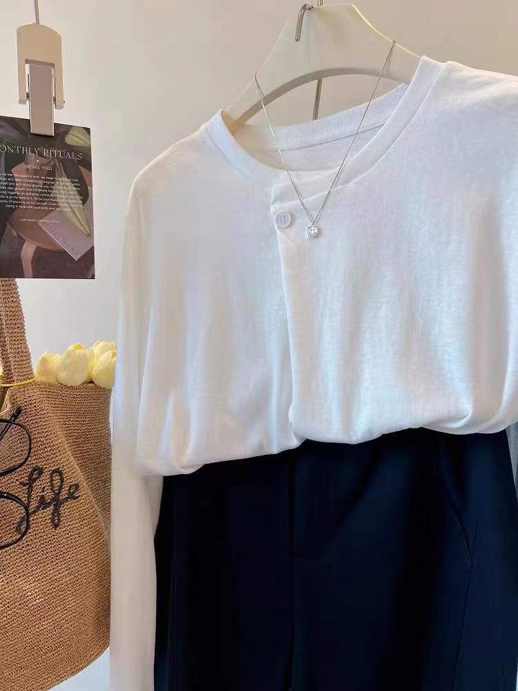 Cross-Season Pure Cotton Korean Double Gauze Long Sleeve T-Shirt for Women - Early Autumn Button Design