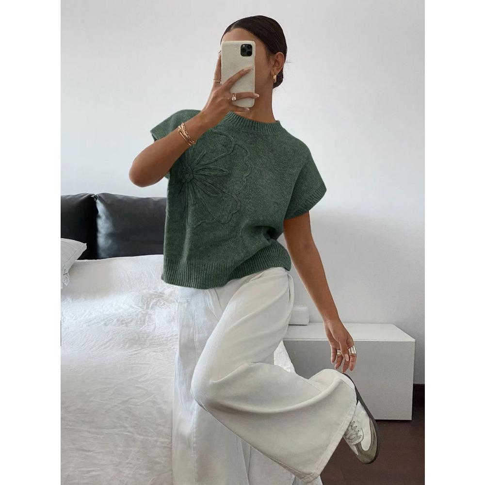 Gilet pull tricoté à col rond avec motif floral 3D élégant pour vêtements pour femmes