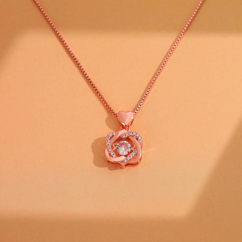 [Drawelry] Rose Double Heart Zirconia Necklace with Built-in Surprise Rose Jewelry - Personalized Heart Necklace with Rose Jewelry Box and Preserved
