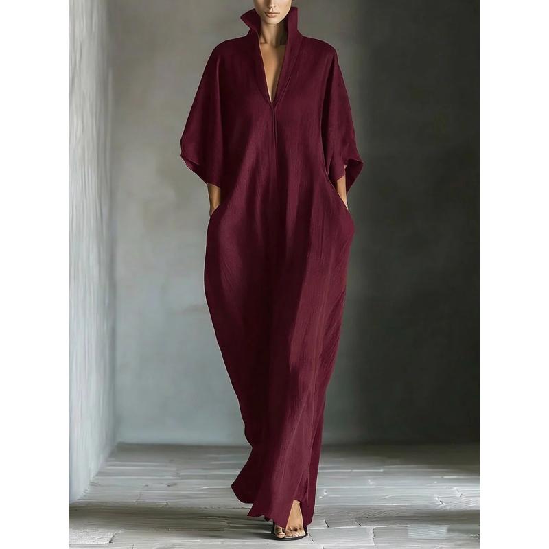 Luxuriöses Elegantes Hoher Stehkragen Tiefes V Maxikleid Fledermausärmel Strukturierter Stoff Lockerer Schnitt mit Taschen Seitenschlitz Büro Party Frühling Sommer Kleidung