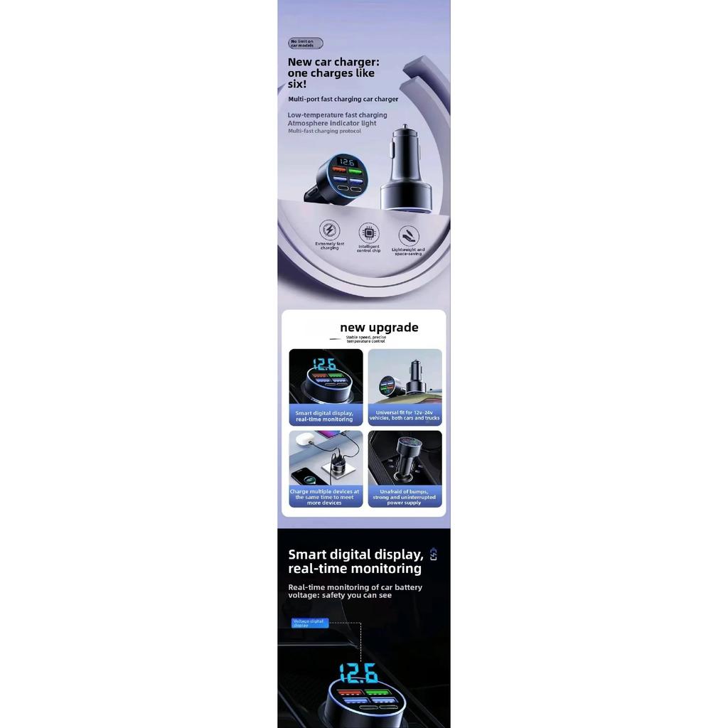 Fast Car Charger 6USB Ports Digital Display LED Cigarette Lighter Adapter Multi-Port Quick Charge For iPhone Samsung Xiaomi