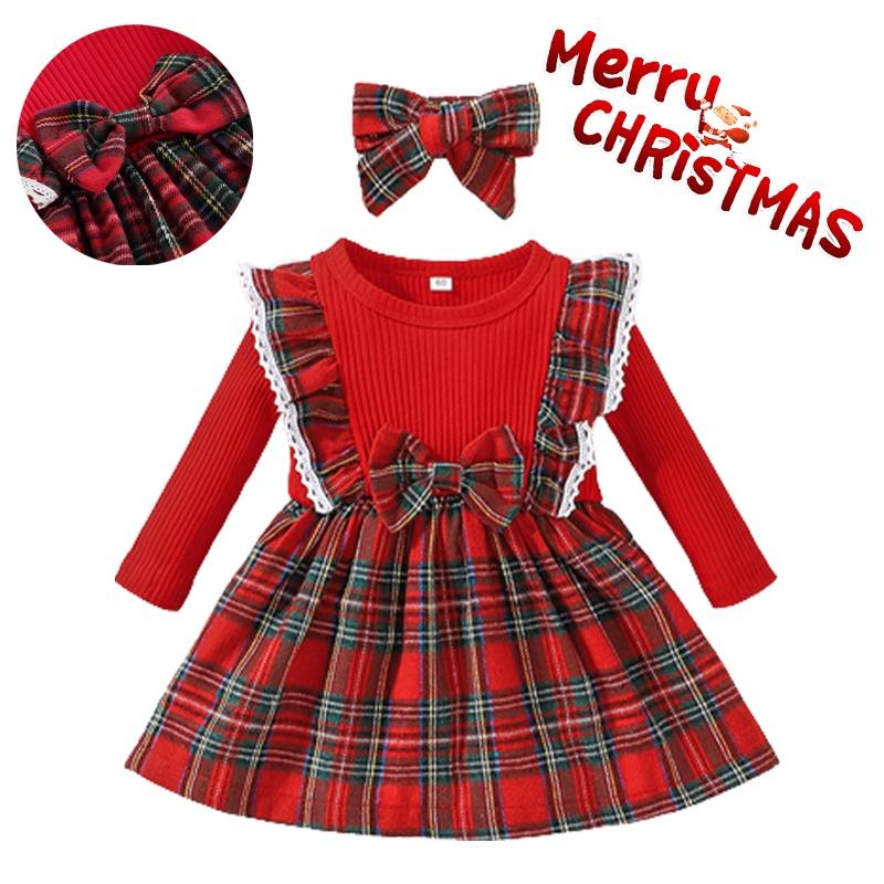 Toddler Xmas Plaid Printed Long Sleeve Christmas Dress