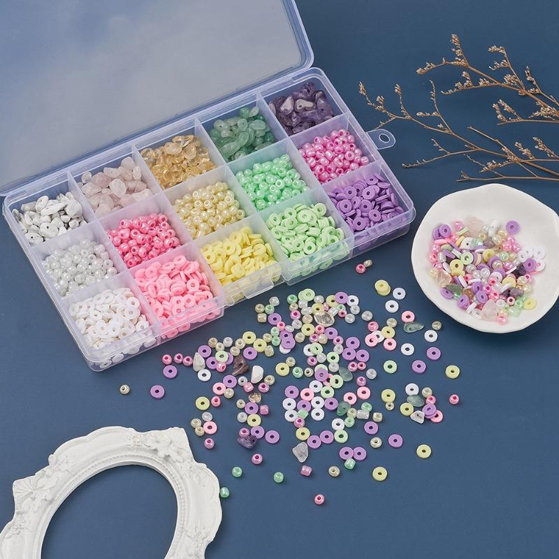 1SET DIY Bracelet Earrings Jewelry Accessories 15 Grid Color Loose Beads Rice Beads Stone Soft Pottery Combination Set