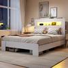 Wooden Bed Frame with Storage In the Headboard, LED Lighting, Integrated Outlets, Modern Platform Bed In White 140 X 200 Cm