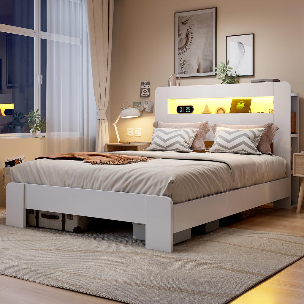 Wooden Bed Frame with Storage In the Headboard, LED Lighting, Integrated Outlets, Modern Platform Bed In White 140 X 200 Cm