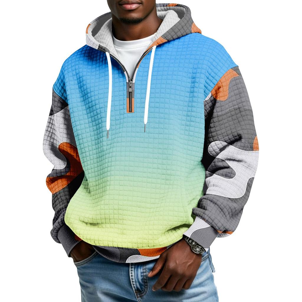 Sudadera Deportiva Casual para Hombre con Capucha y Media Cremallera a Cuadros con Cordón y Estampado