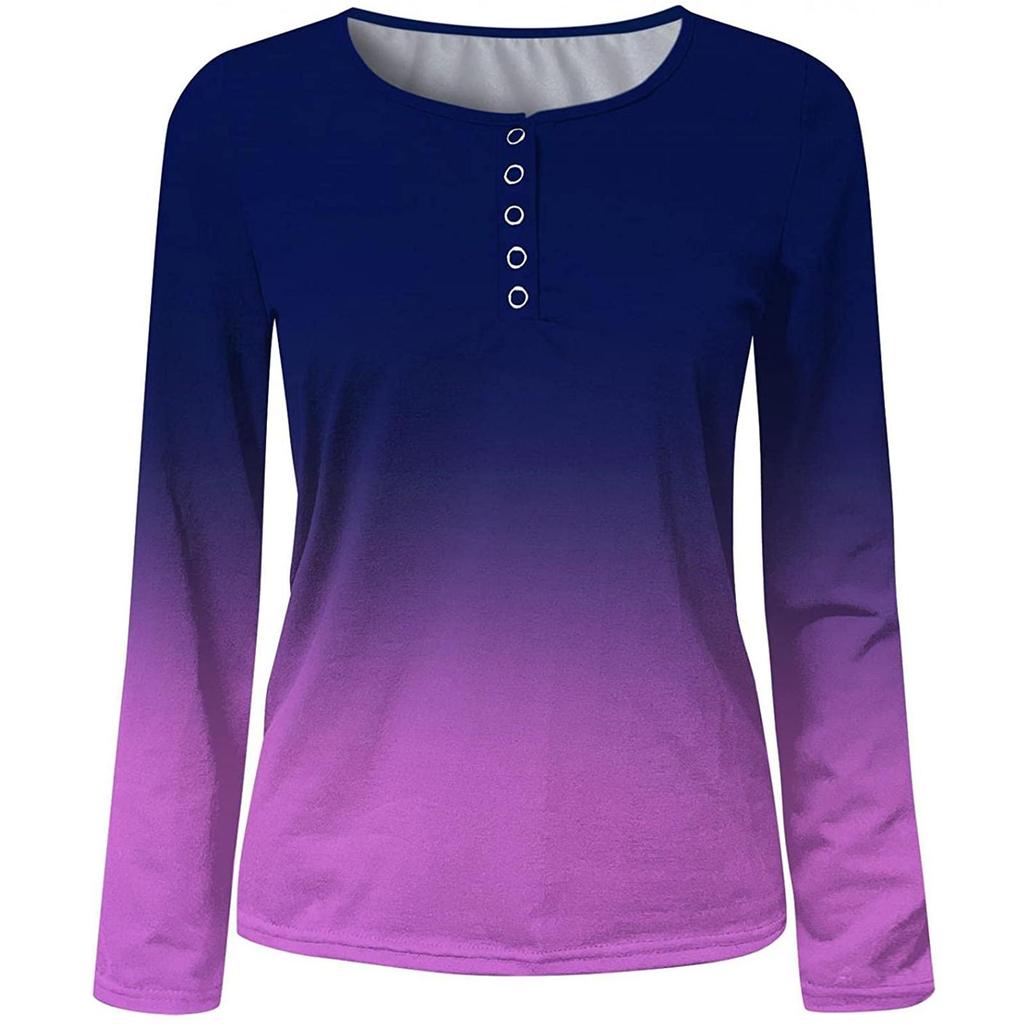Women's Fashion Long Sleeve Gradient Button Low Chest Sexy Pullover T-Shirt Top