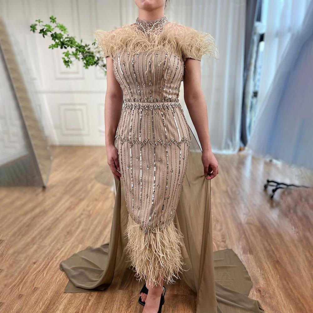 Grey neck fish medium and long tail dress skirt, bead feather art test solo performance host LA11010
