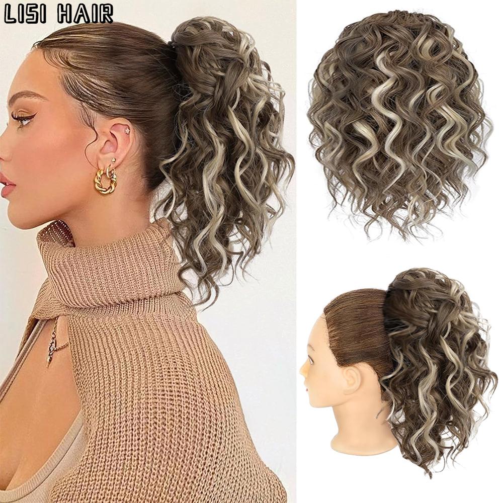 MISS WIG Synthetisches, unordentliches Dutt-Haarteil – lockere, gewellte, lockige Pferdeschwanz-Perückenverlängerung mit Kordelzug für Frauen
