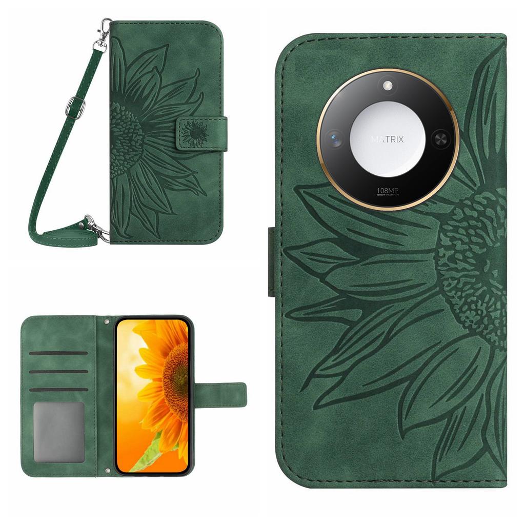 For Honor X9c Smart 5G Case Sunflower Imprint PU Leather Phone Cover with Long Strap