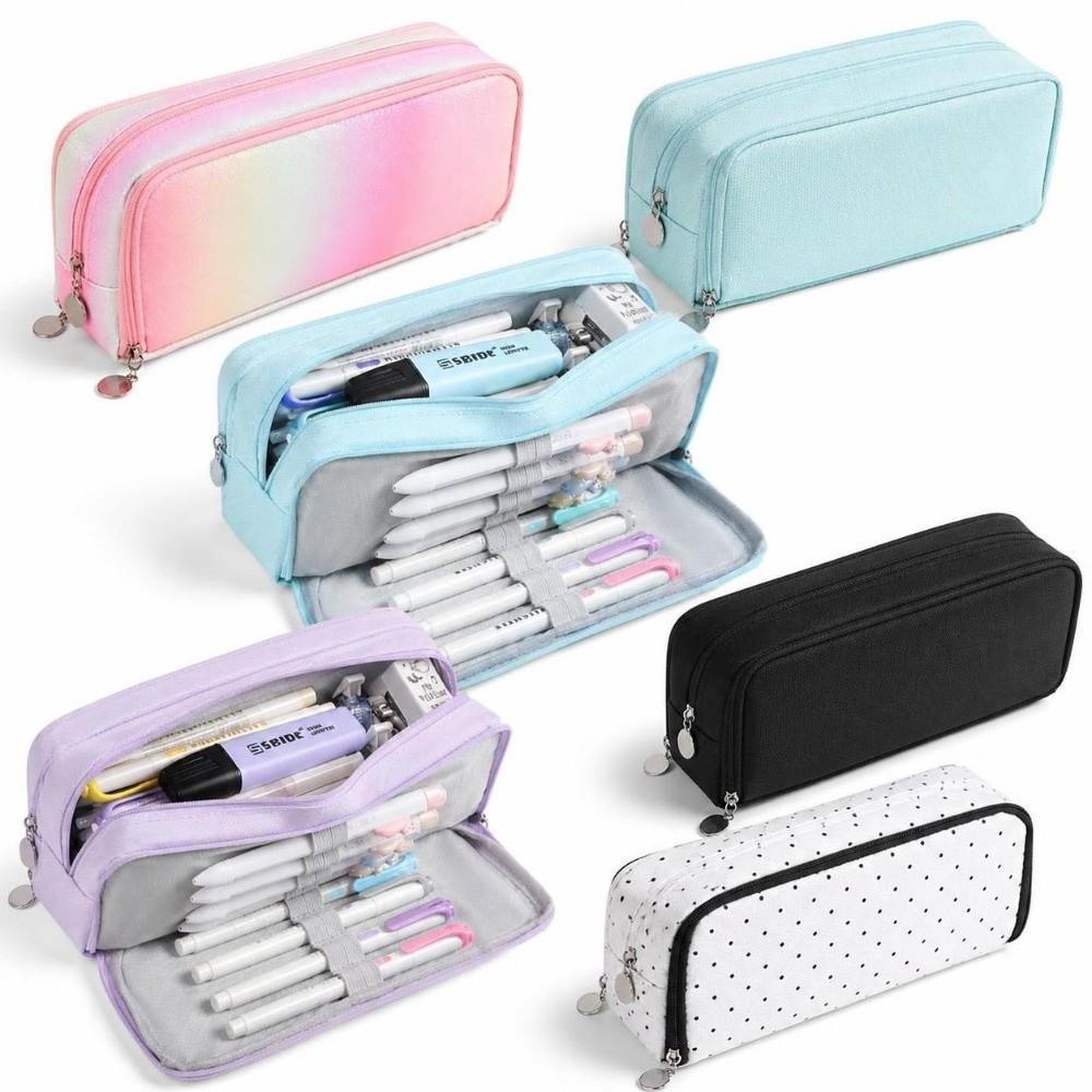 Zipper Closure Stationery Holder Bag Canvas Material Pen Case Portable Storage Organizer  For Girls