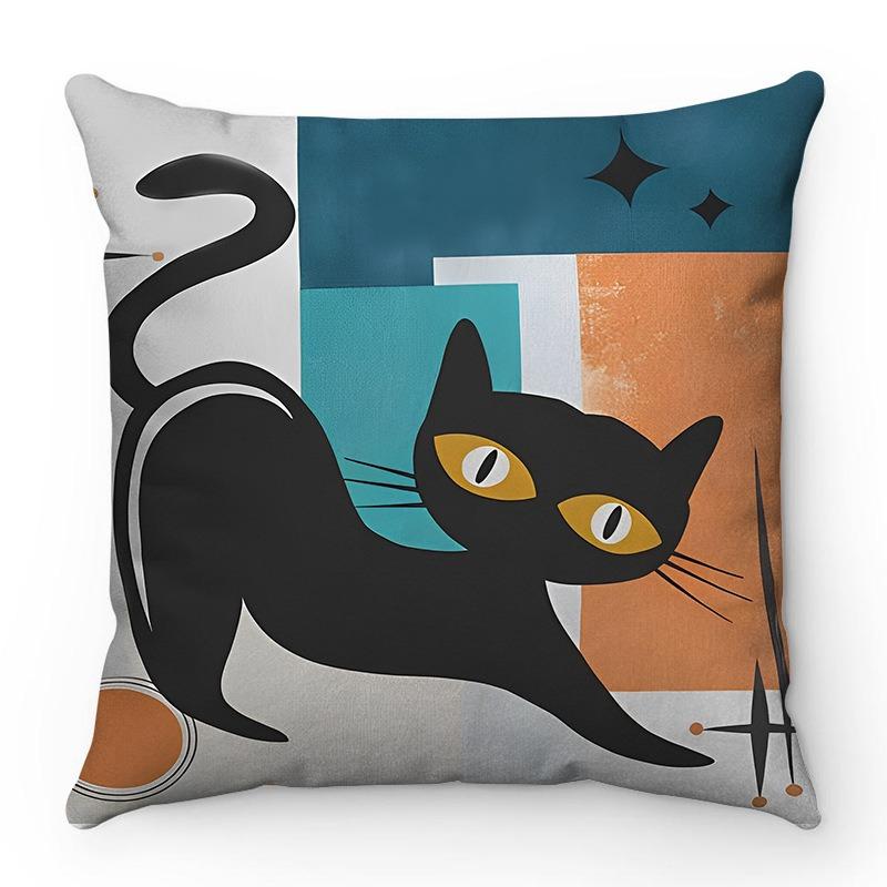 Mid Century Modern Black Cat Cushion Cover Peach Skin 2D Print Retro Abstract Throw Pillow Case for Sofa Living Room Home Decor