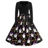 Women's Casual Vintage Halloween Dress V Neck Long Sleeve Retro Style Fit and Flare Knee Length Dress with Ghost Print and Waist Tie