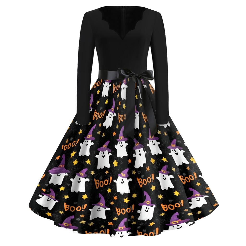 Women's Casual Vintage Halloween Dress V Neck Long Sleeve Retro Style Fit and Flare Knee Length Dress with Ghost Print and Waist Tie