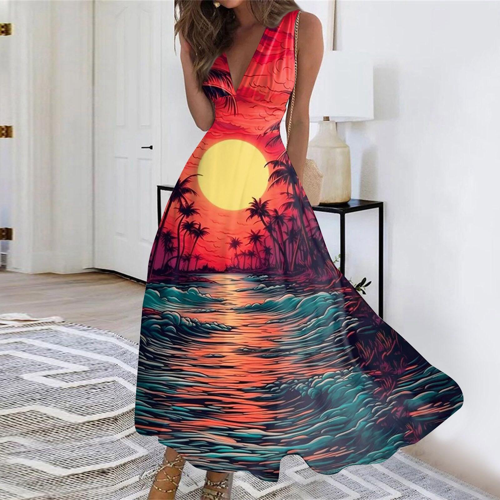 

Жіночі літні модні повсякденні сукні-туніки з гавайським принтом і V-подібним вирізом без рукавів S червоний