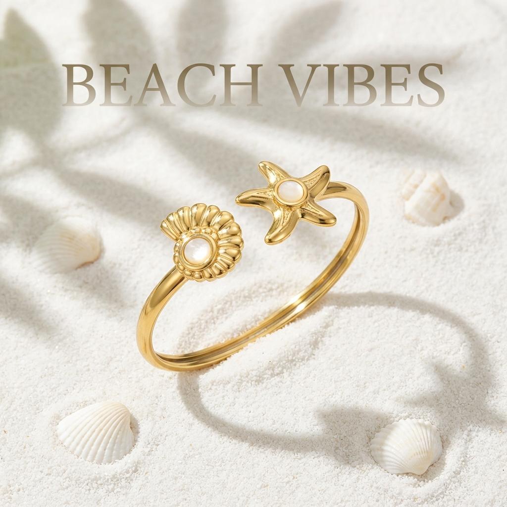 Summer Marine Elements Waterproof Cuff Bangles for Women Gold Color Starfish Shell Turtle Open Bangles Trendy Jewelry Gifts