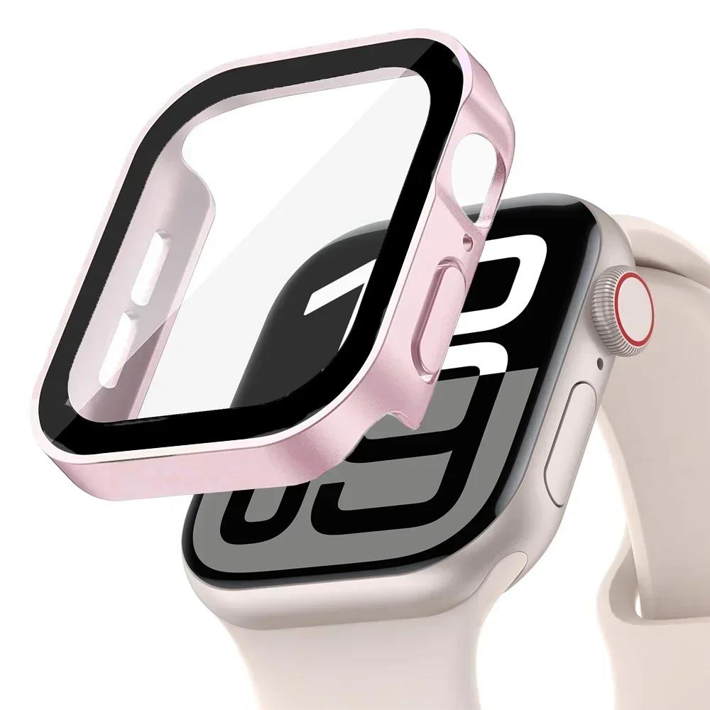 Glass+Case For Apple Watch 42mm 46mm 45mm 41mm 44mm 40mm Straight Edge Screen Protector Cover Case iWatch SE 3 6 7 8 9 10 11 7