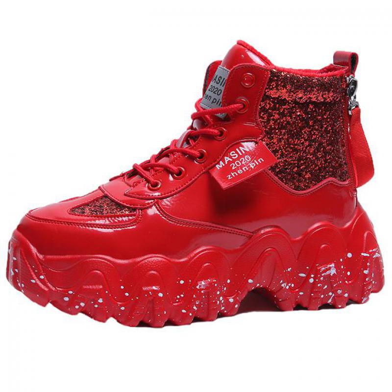 Winter Red Women Ankle Boots With Fur Platform High Top Women Shoes Thick Sole Leather Women Snow Boots Bling Ladies Casual Shoe