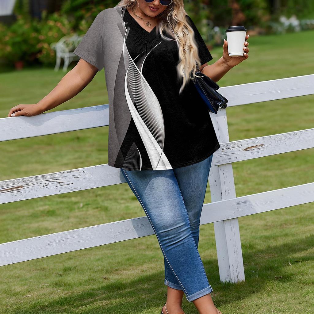 Modische Damen Übergröße Lässige Lockere Kurzarm Elegante V-Ausschnitt Bluse Für die Arbeit