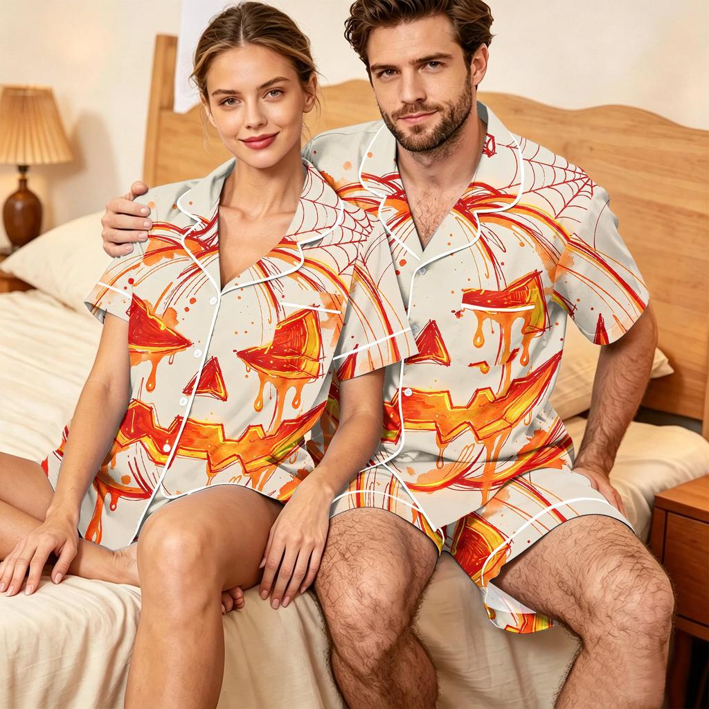 Couples Halloween Print Pajama Set, Soft Comfortable Matching Sleepwear for Her and Him