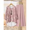 Geometric Pattern Print Two Piece Outfit Women Long Sleeve Irregular Hem Tunic Top Wide Leg Pants Casual Matching Set