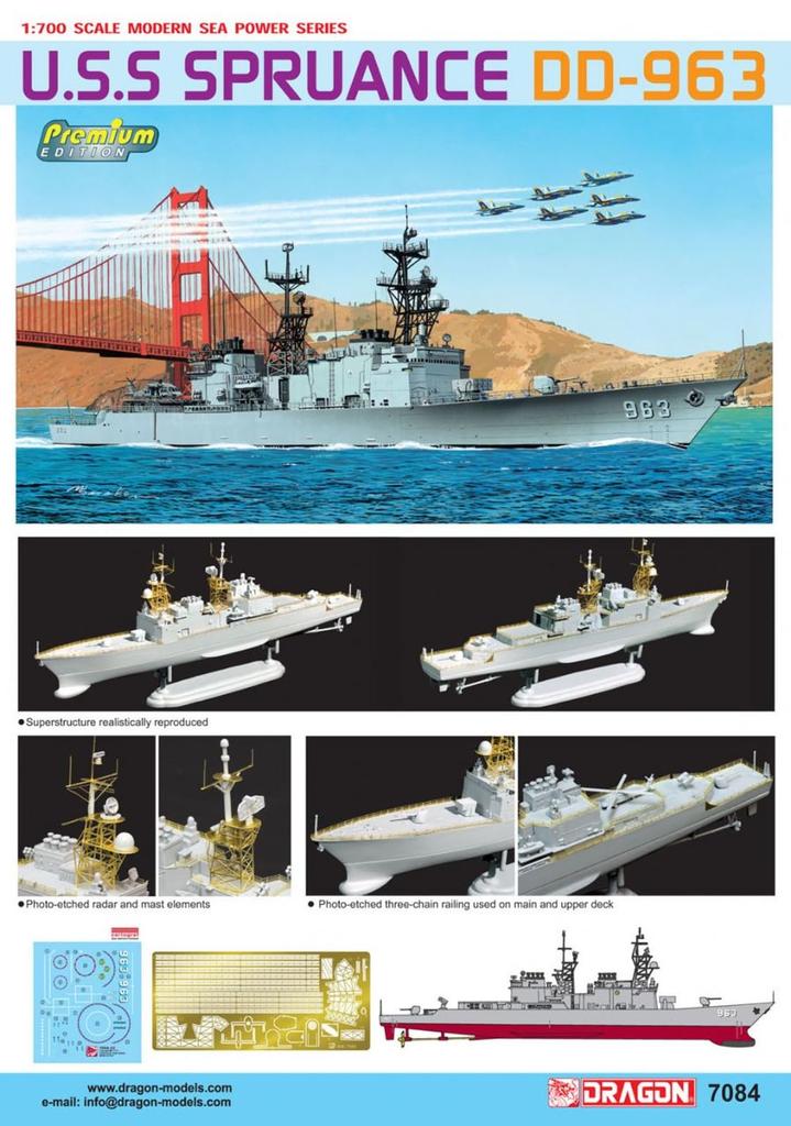 Platz Dragon US Destroyer Spruance Plastic Model Kit DR7084 1/700 DD-963 (Ship)