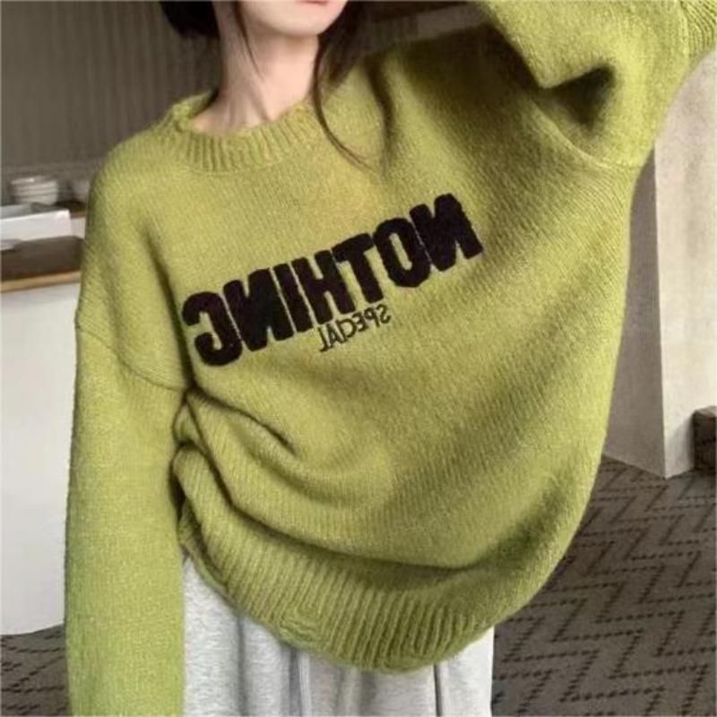 Lazy high-end sweater women's autumn and winter new loose fashion crew neck letter knitted sweater
