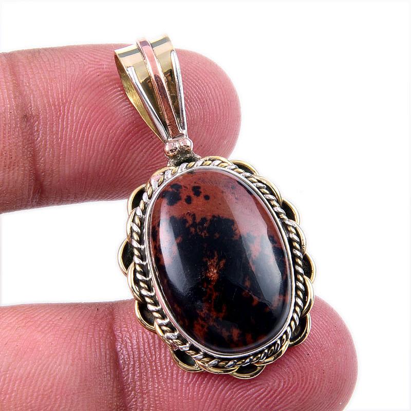 

Natural Mahogany Obsidian Gemstone 925 Solid Silver Two Tone Pendant 1.50 h1K32