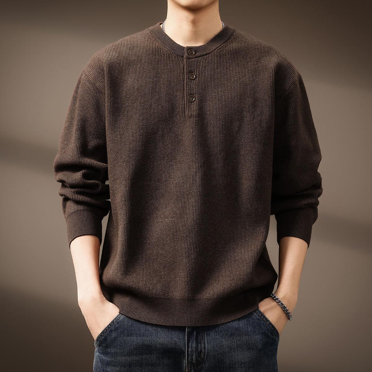 

Men s Trendy French Henley Collar Long-Sleeve Sweater - Autumn/Winter Casual Knitwear M for 110-130 lbs