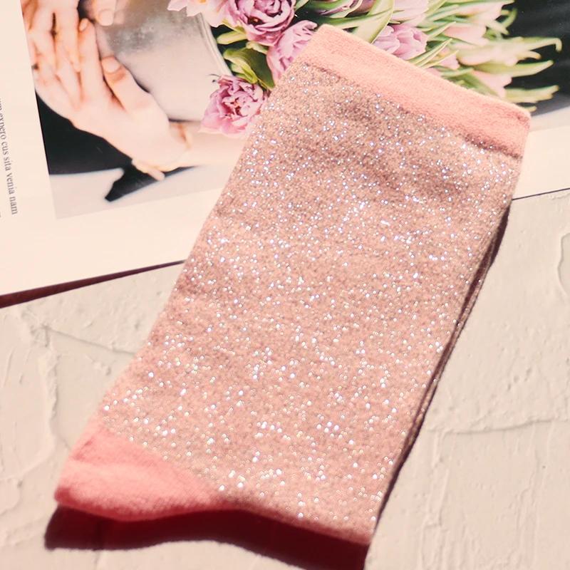 Fashion women's shiny solid color high quality combed cotton socks gold and silver thread soft and comfortable woman socks