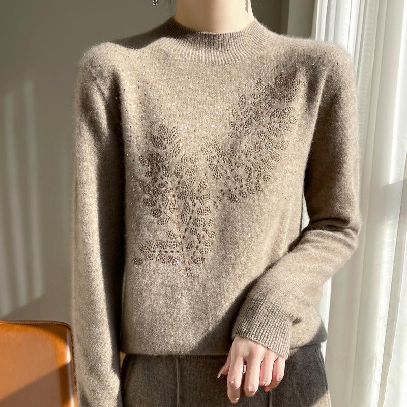 Thick Sequin Leaf Knit Sweater for Women - Autumn/Winter Half-High Collar