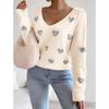 Women V Neck Long Sleeve Sequin Heart Print Knit Sweater Loose Fit Valentine Pullover Top