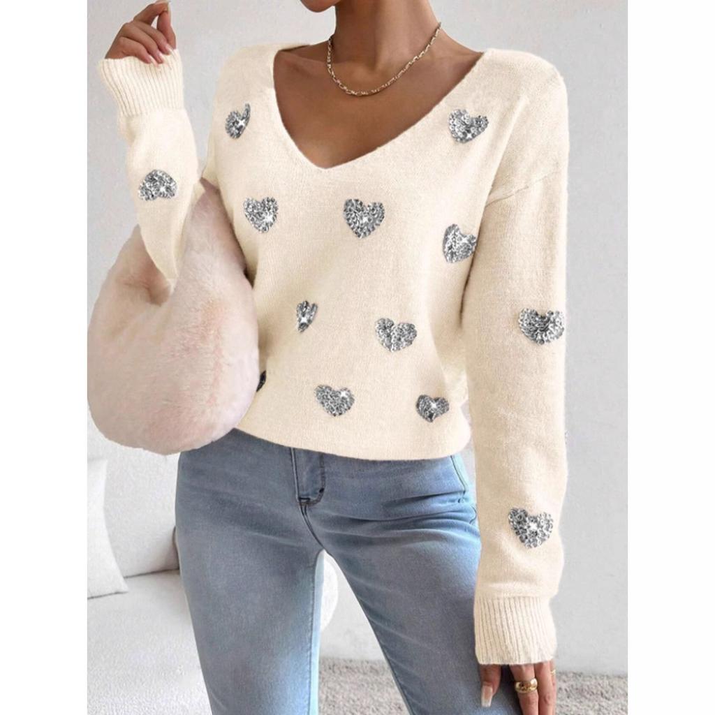 Women V Neck Long Sleeve Sequin Heart Print Knit Sweater Loose Fit Valentine Pullover Top