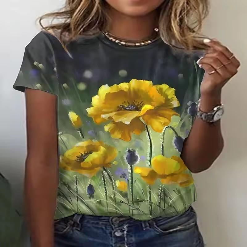 Women's new fashionable and elegant short sleeved T-shirt summer women's noble retro flower 3D printed top T-shirt