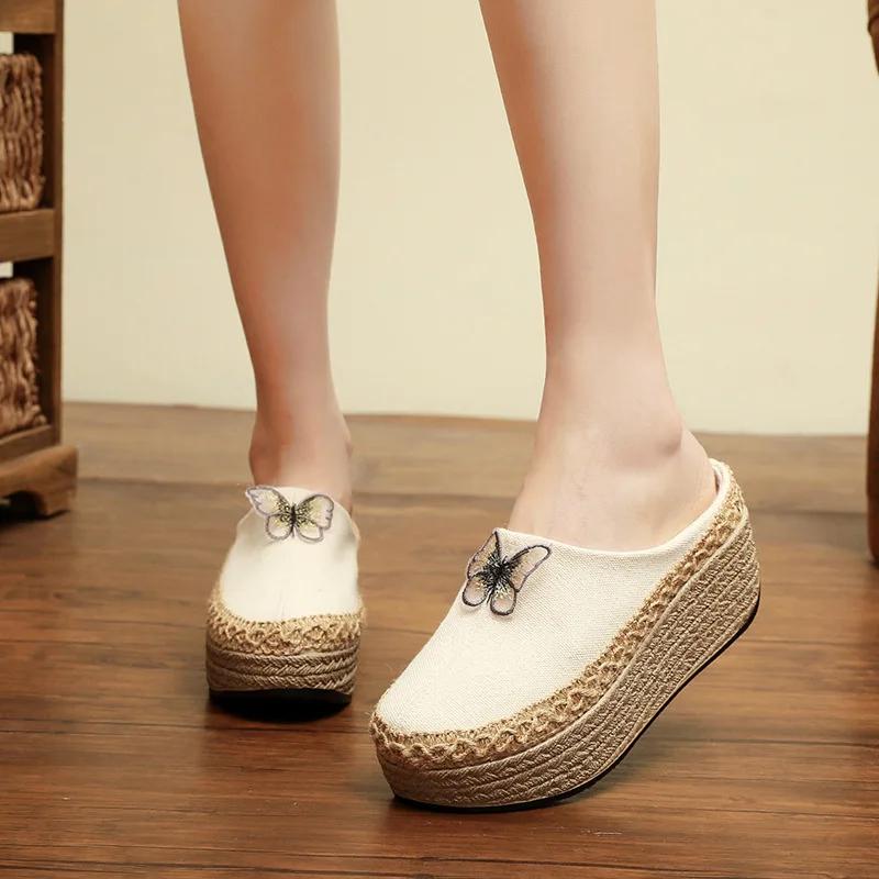 Fashion 2025 New Retro Handmade Women Canvas 5cm Platform Mules Slippers Butterfly Black Beige Leopard Comfortable Casual Slip On Shoes