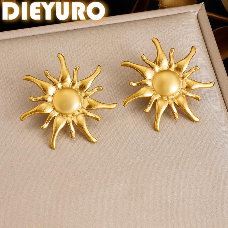 DIEYURO 316L Stainless Steel Golden Fashion Irregular Sun Rays Earrings For Women Trend Classic Waterproof Earrings Jewelry Gift