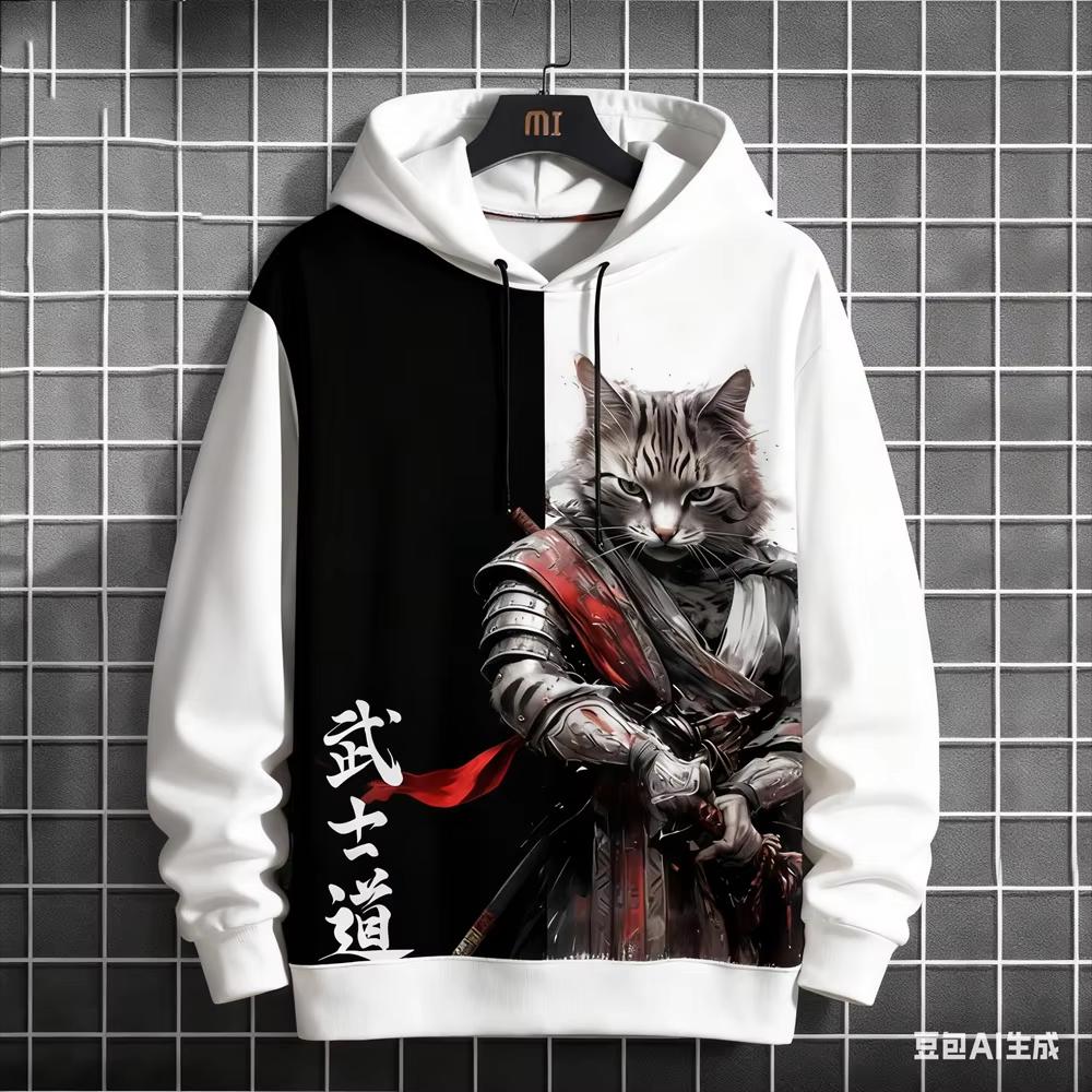 Bushido Sports Men's Hoodie, Funny 3D Samurai Cat Pattern Autumn Winter Casual Loose Streetwear