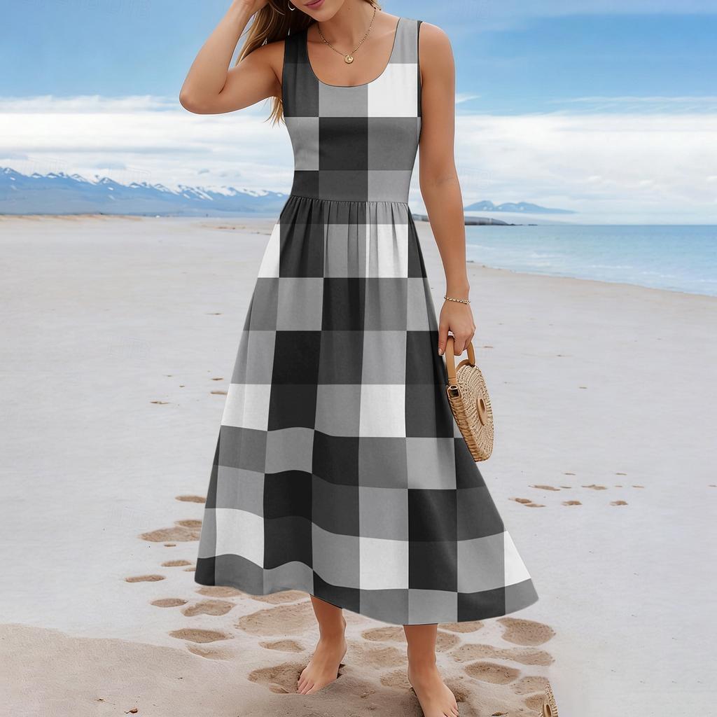 Ladies' Checkered Summer Casual and Fashionable Sleeveless Long Dress