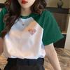 T-shirt da donna a maniche corte con design sulle spalle, top color block primavera ed estate, stile coreano, scollo rotondo ampio