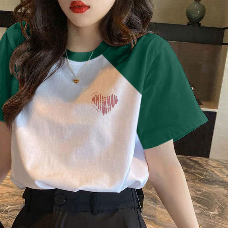 

Женская футболка с короткими рукавами и дизайном плеч, весенне-летний топ с цветовыми блоками, свободный круглый вырез в корейском стиле L