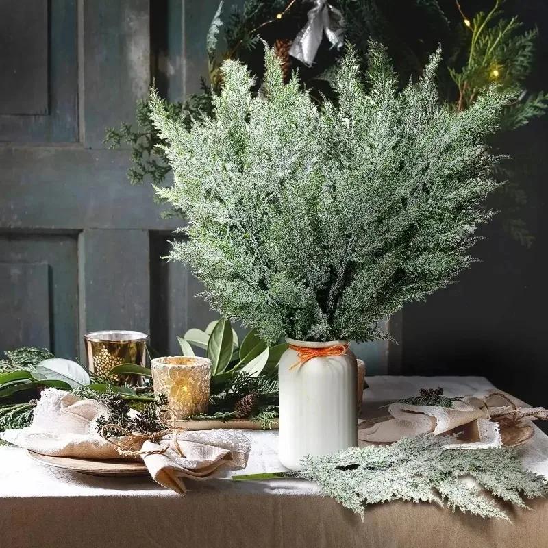 Artificial Christmas Frosted Pine Branches Faux Cedar Branches Fake Snow Sprigs Pine Leaves Plastic Cypress Garland Wreath DIY