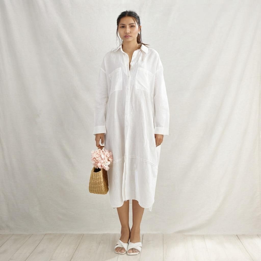 Linen Pleated Shirt Dress Women Casual Long Dress Turn Down Collar