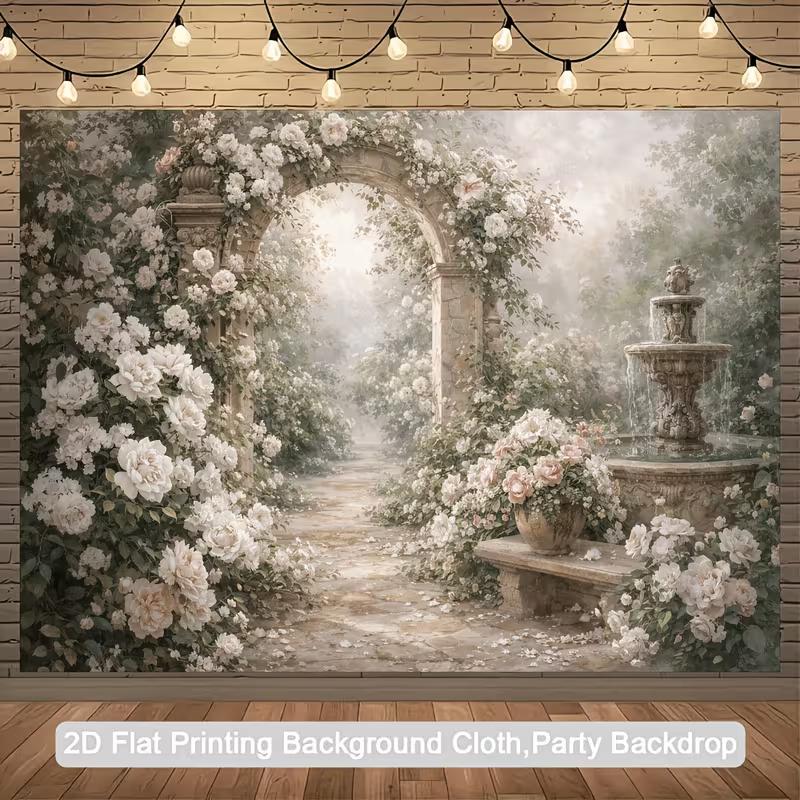 2D Enchanted Misty Garden Backdrop, Blooming White Roses & Fountain Photo Banner for Events 47.2x31.5inch/120*80cm