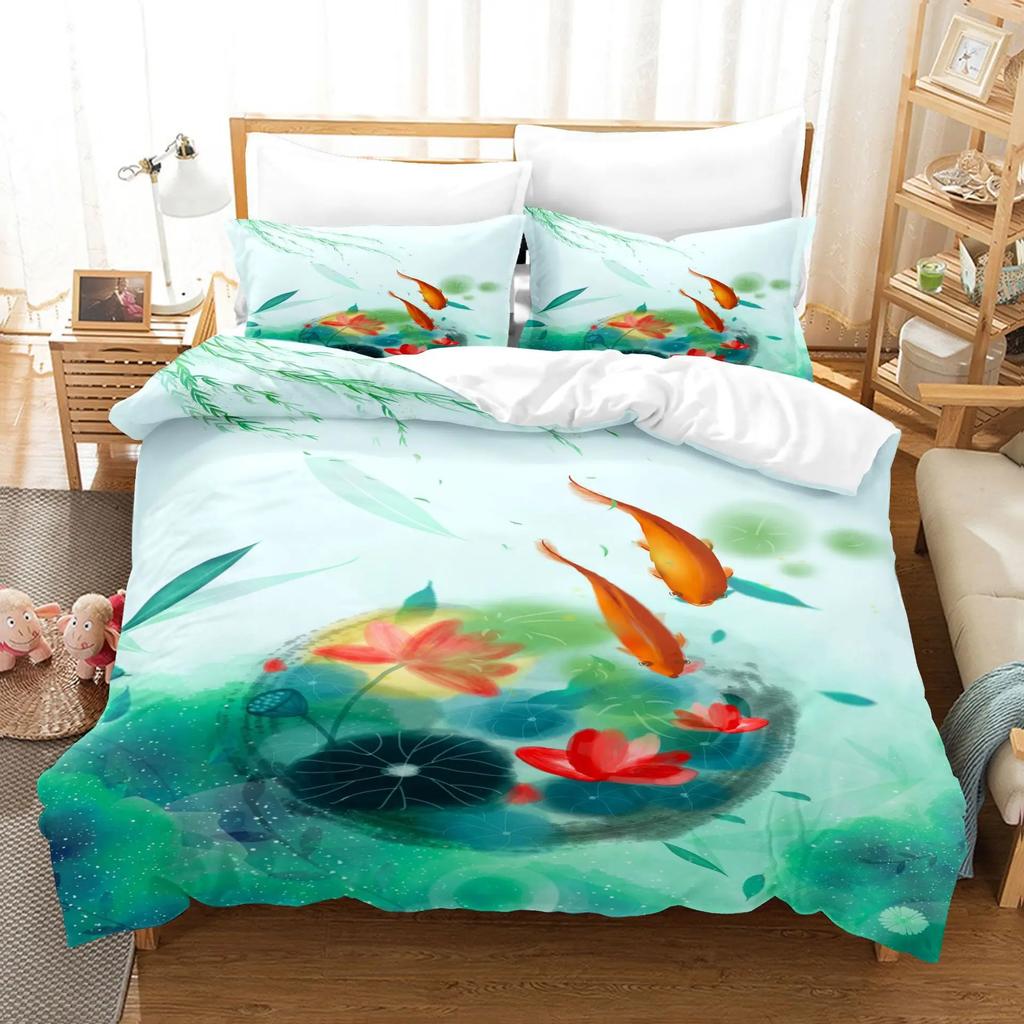 Japanese Duvet Cover Koi Carp Couple Swimming Cherry Blossom Branch Culture Design For Bedroom Decorative Orange Grey Women Men