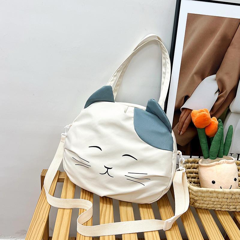 Lovely Cartoon Cat Tote Bag For Students Spacious Nylon Shoulder Bag