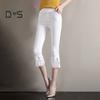 Women Cropped Pants Solid Color High Elastic Summer Flared Pants Lace Stitching Trim Tight Leggings with Pockets