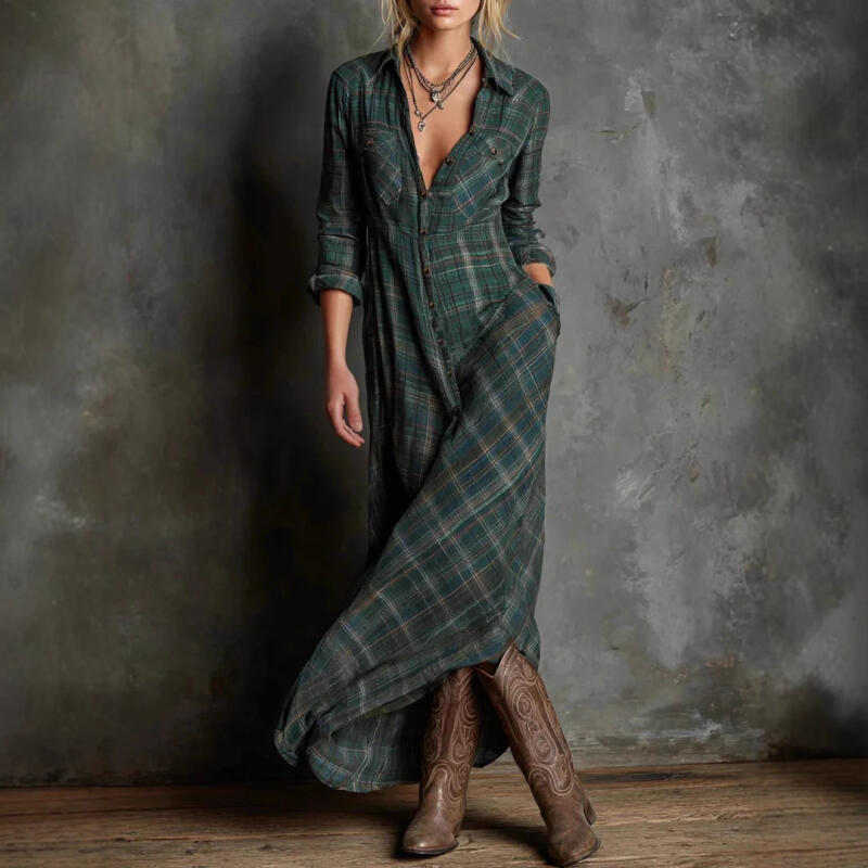 Autumn Turn-down Collar Button Up Plaid Clothes Dresses Vintage Robe Women Elegant Swing Dress Retro Pull On Dress
