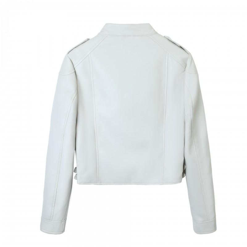 Womens Faux Leather Moto Jacket Round Neck Diagonal Zip Slim Fit Streetwear Outerwear White Black S M L XL