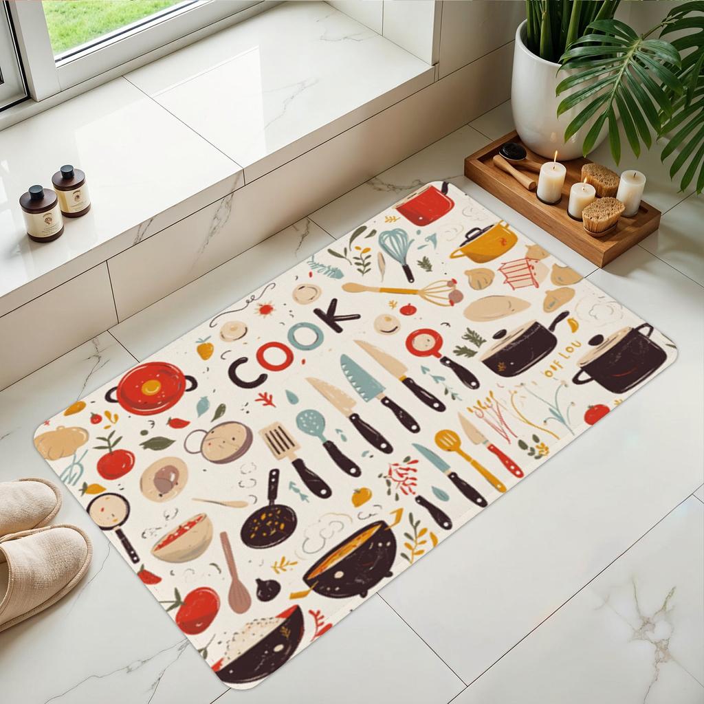 1Pcs Anti Fatigue Kitchen Rugs, Cartoon Tableware Print Waterproof Non-Slip Thick Cushioned Kitchen Mat Heavy Duty Comfort Standing Mat for Kitchen